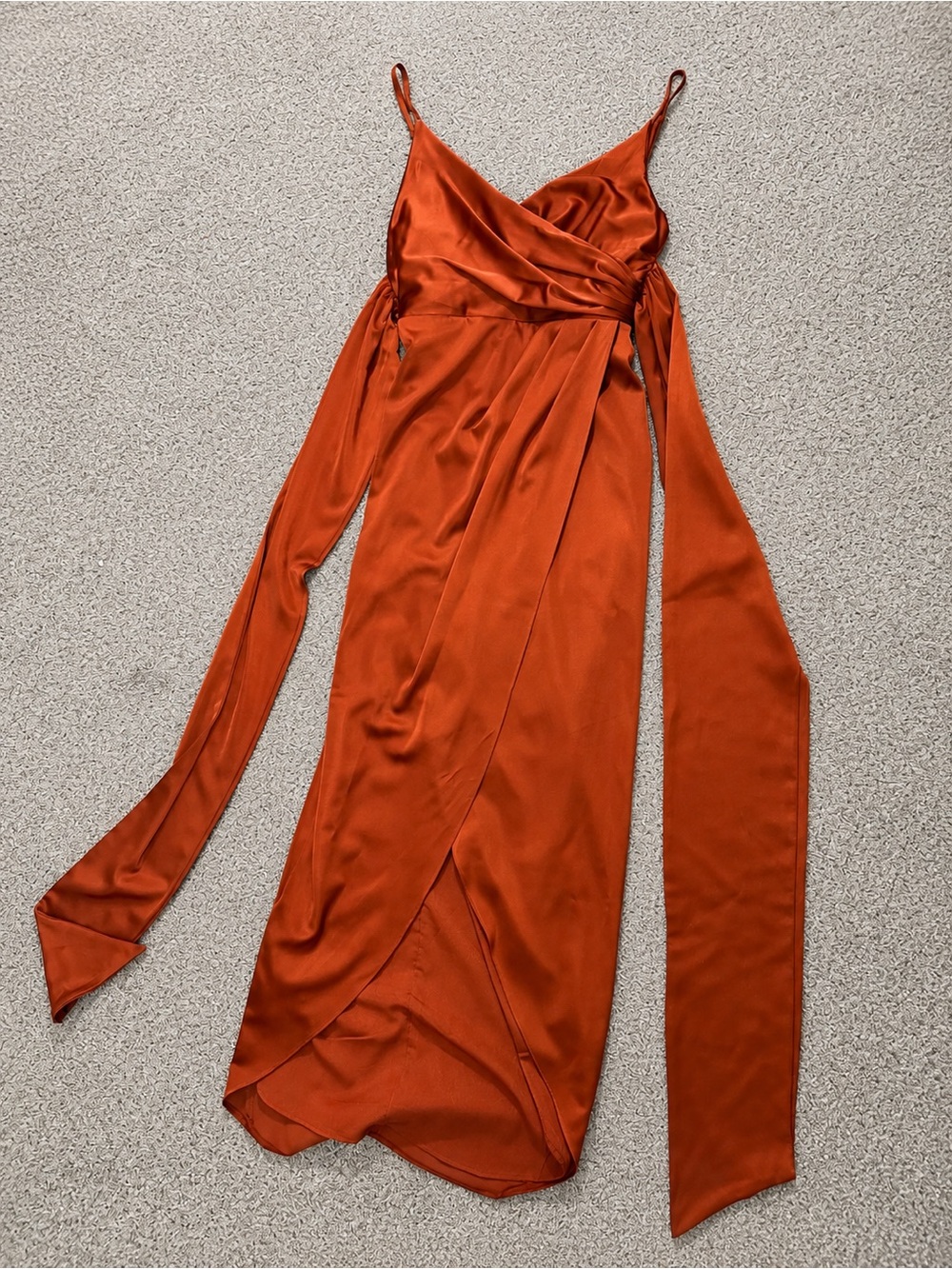 Showpo Satin Wrap Midi Dress in Rust Orange